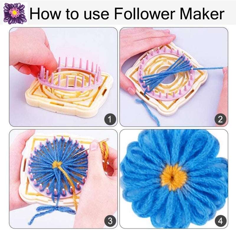 Ayasee Weaving Loom Kit, Flower Knitting Loom Kit, Frame Looms, Knitting Wool, Round/Square Knitting Looms Craft Kit Multi Color (Flower Maker + Pom Maker) - Image 4